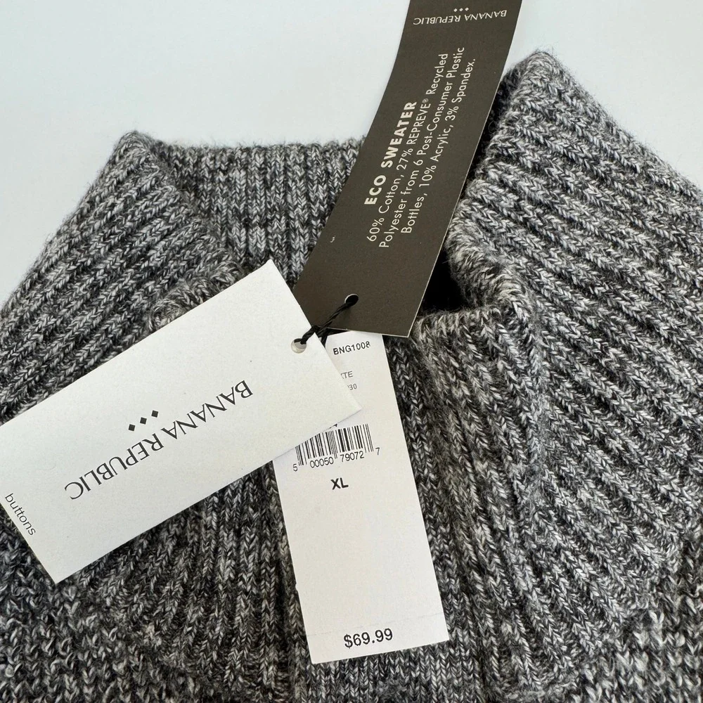 Banana Republic Sweater Mens XL Gray Marled Mock Neck Button Eco Knit